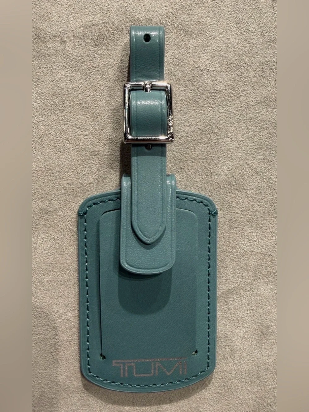 NEW Tumi 3.625” x 2.25” Leather Luggage Name Tag w/ Buckle - TEAL
